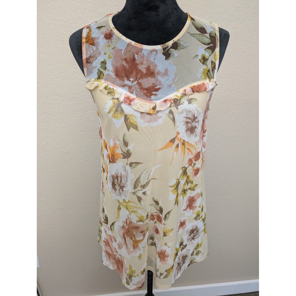 Colorful Floral Sheer Mesh Overlay Sleeveless Blouse Ruffled Neckline Apt 9  M
